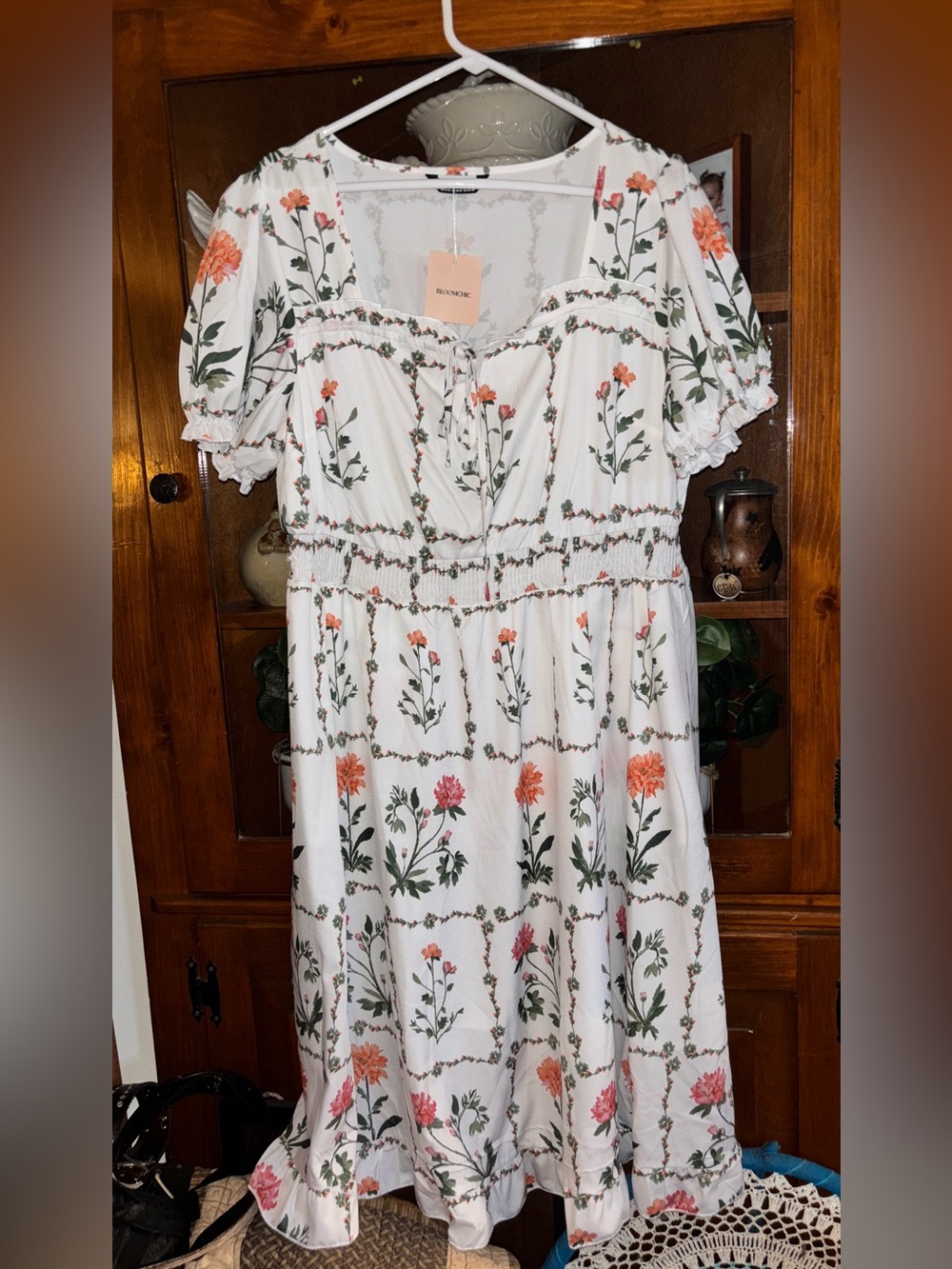 BloomChic 14-16 White Midi Dress with Pink and Orange Floral Motif